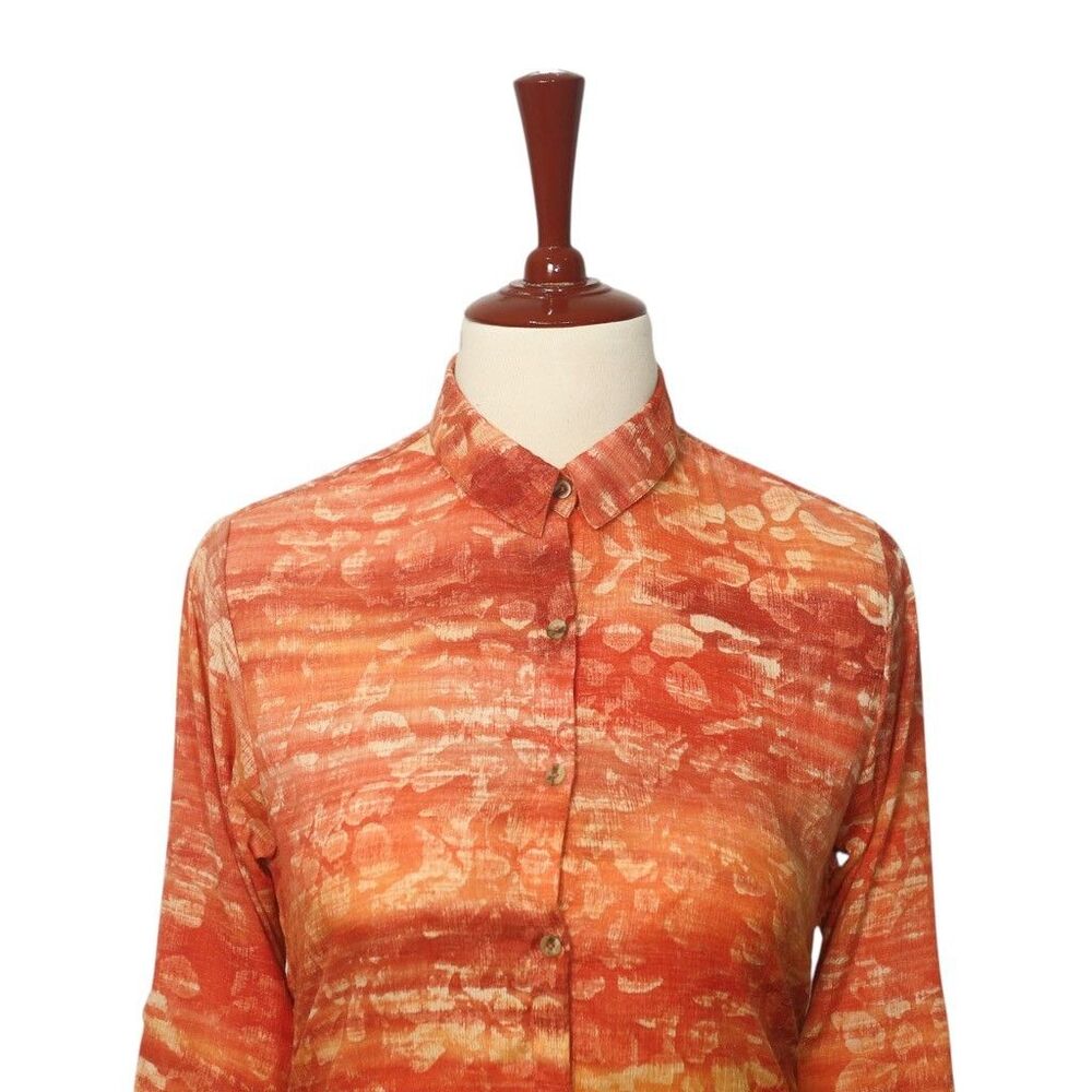 Womens Silky Chiffon Shirt Orange Floral Blouse Button Up Dressy Top Medium Work - Picture 3 of 7